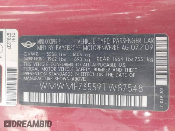 2009 MINI Hardtop S with VIN WMWMF73559TW87548, listed as a IAAI auction lot 42346174 with 132,361 mi miles and . Bid and sale history available at DreamBid. Image 9.
