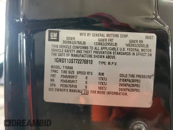 2007 Chevrolet TrailBlazer LT with VIN 1GNDT13S772276810, listed as a Copart auction lot 61465165 with 228,516 mi miles and Salvage title. Bid and sale history available at DreamBid. Image 12.