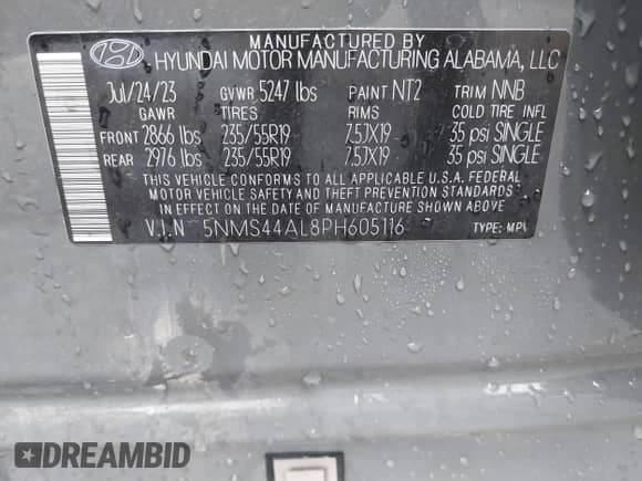2023 Hyundai Santa Fe Limited с VIN 5NMS44AL8PH605116, выставлен на аукционе IAAI как лот 43192920 с пробегом 20 457 миль миль и . История ставок и продаж доступна на DreamBid. Изображение 9.