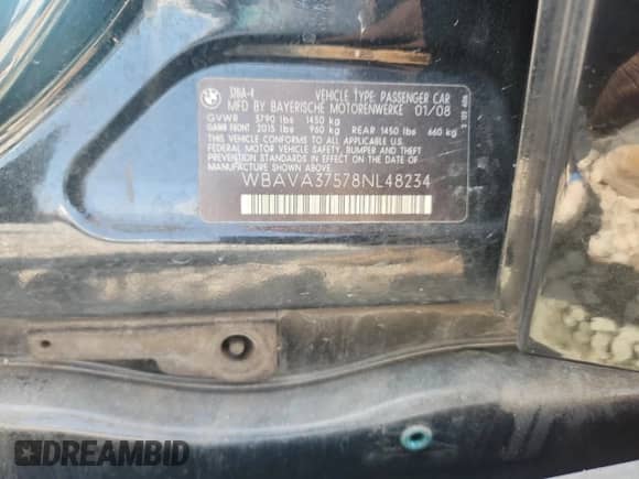 2008 BMW 3 Series 328i с VIN WBAVA37578NL48234, выставлен на аукционе Copart как лот 80809585 с пробегом 172 464 миль миль и Списание • Salvage title. История ставок и продаж доступна на DreamBid. Изображение 12.