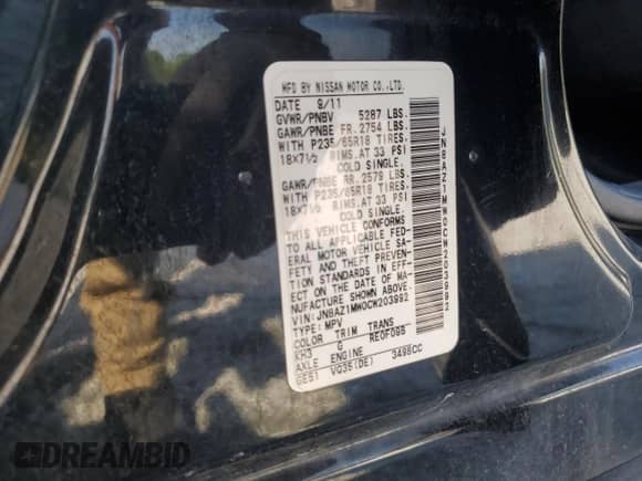 2012 Nissan Murano SV with VIN JN8AZ1MW0CW203992, listed as a Copart auction lot 69464435 with 175,154 mi miles and Salvage title. Bid and sale history available at DreamBid. Image 13.