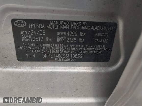 2006 Hyundai Sonata GL with VIN 5NPET46C96H108361, listed as a IAAI auction lot 42396145 with 51,180 mi miles and . Bid and sale history available at DreamBid. Image 9.