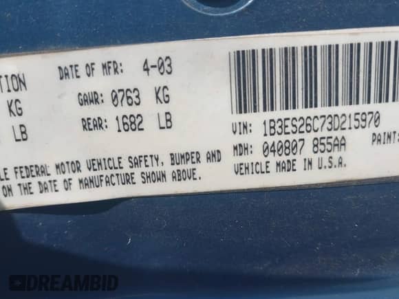 2003 Dodge Neon SE with VIN 1B3ES26C73D215970, listed as a IAAI auction lot 42647189 with 78,807 mi miles and . Bid and sale history available at DreamBid. Image 9.