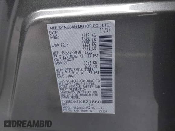 2018 Nissan Pathfinder S with VIN 5N1DR2MN2JC621860, listed as a IAAI auction lot 42192719 with 52,762 mi miles and . Bid and sale history available at DreamBid. Image 9.