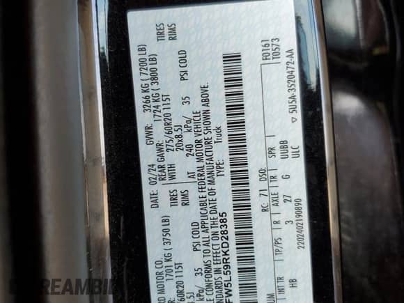 2024 Ford F-150 Lariat с VIN 1FTFW5L59RKD28385, выставлен на аукционе Copart как лот 71002725 с пробегом 34 922 миль миль и Чистый • Clean title. История ставок и продаж доступна на DreamBid. Изображение 12.