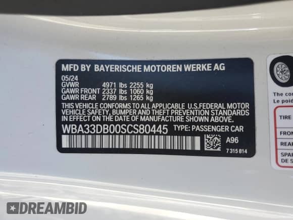 2025 BMW 4 Series 430i with VIN WBA33DB00SCS80445, listed as a Copart auction lot 58785615 with Not provided miles and Non repairable. Bid and sale history available at DreamBid. Image 12.