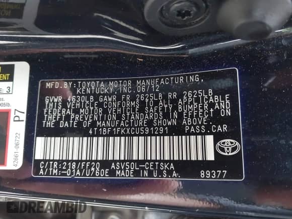 2012 Toyota Camry SE с VIN 4T1BF1FKXCU591291, выставлен на аукционе IAAI как лот 43532268 с пробегом 281 975 миль миль и . История ставок и продаж доступна на DreamBid. Изображение 9.