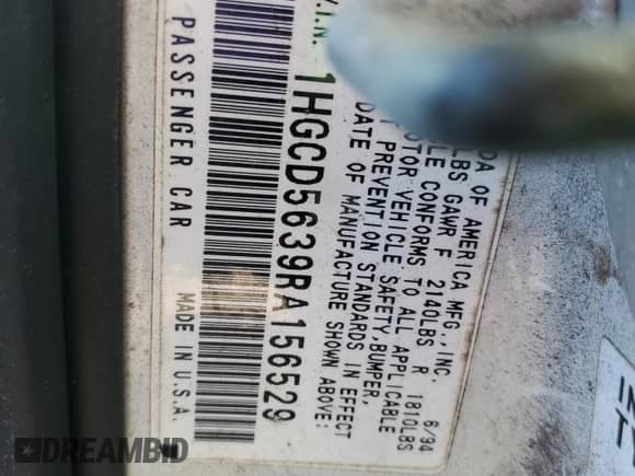 1994 Honda Accord LX z VIN 1HGCD5639RA156529, wystawiony jako Copart lot #85973584 z przebiegiem 144 699 mil mil oraz Szkoda całkowita • Salvage title. Historia ofert i sprzedaży dostępna na DreamBid. Obrazek 13.