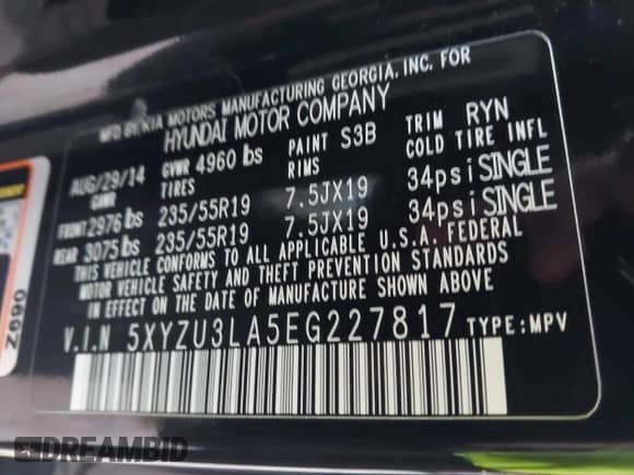 2014 Hyundai Santa Fe with VIN 5XYZU3LA5EG227817, listed as a IAAI auction lot 43073735 with 92,029 mi miles and . Bid and sale history available at DreamBid. Image 9.