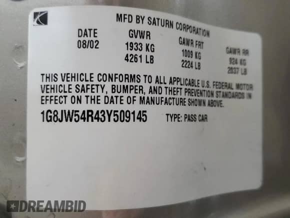 2003 Saturn LS with VIN 1G8JW54R43Y509145, listed as a Copart auction lot 43254935 with 84,468 mi miles and Salvage title. Bid and sale history available at DreamBid. Image 13.