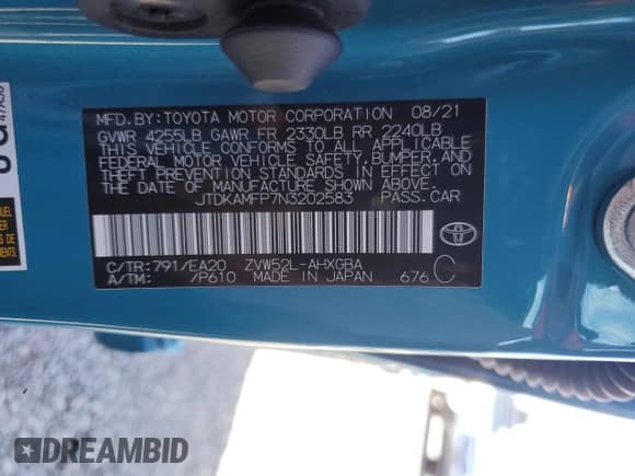 2022 Toyota Prius XLE with VIN JTDKAMFP7N3202583, listed as a Copart auction lot 81528165 with 96,820 mi miles and Salvage title. Bid and sale history available at DreamBid. Image 12.