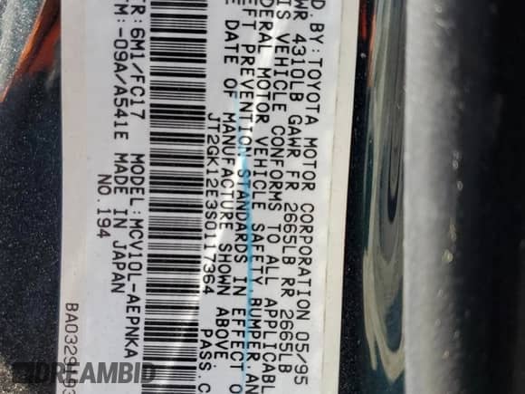 1995 Toyota Camry LE z VIN JT2GK12E3S0117364, wystawiony jako Copart lot #65818255 z przebiegiem 215 464 mil mil oraz Szkoda całkowita • Salvage title. Historia ofert i sprzedaży dostępna na DreamBid. Obrazek 12.