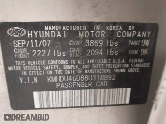 2008 Hyundai Elantra GLS with VIN KMHDU46D88U318892, listed as a IAAI auction lot 42677394 with 235,464 mi miles and . Bid and sale history available at DreamBid. Image 9.