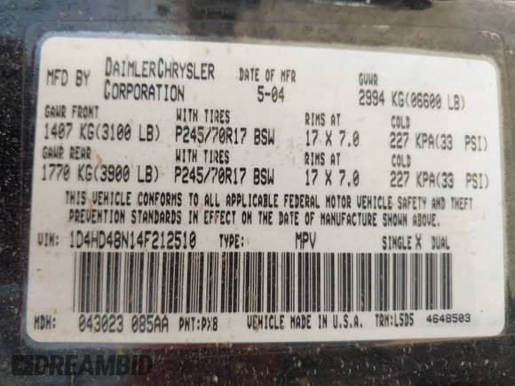 2004 Dodge Durango SLT with VIN 1D4HD48N14F212510, listed as a IAAI auction lot 42875805 with Not provided miles and . Bid and sale history available at DreamBid. Image 9.