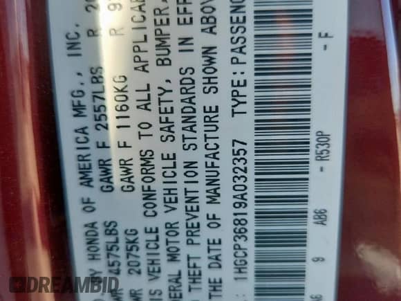 2009 Honda Accord EX-L with VIN 1HGCP36819A032357, listed as a Copart auction lot 90385485 with 217,826 mi miles and Clean title. Bid and sale history available at DreamBid. Image 12.