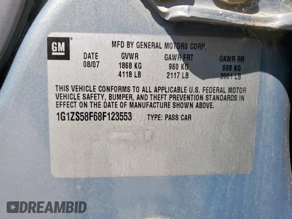 2008 Chevrolet Malibu Classic LS 1FL z VIN 1G1ZS58F68F123553, wystawiony jako Copart lot #80130075 z przebiegiem 239 383 mil mil oraz Szkoda całkowita • Salvage title. Historia ofert i sprzedaży dostępna na DreamBid. Obrazek 12.