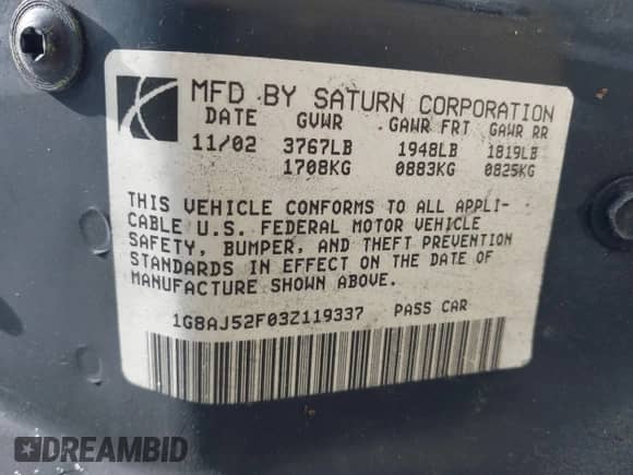 2003 Saturn ION ION 2 with VIN 1G8AJ52F03Z119337, listed as a IAAI auction lot 42086872 with 149,890 mi miles and . Bid and sale history available at DreamBid. Image 9.