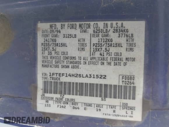 1995 Ford F-150 с VIN 1FTEF14H2SLA31522, выставлен на аукционе IAAI как лот 43334195 с пробегом 112 270 миль миль и . История ставок и продаж доступна на DreamBid. Изображение 9.