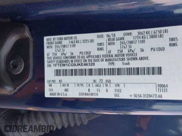 2018 Ford F-150 XL z VIN 1FTEW1CG9JKE46320, wystawiony jako IAAI lot #42606667 z przebiegiem 85 141 mil mil oraz . Historia ofert i sprzedaży dostępna na DreamBid. Obrazek 9.