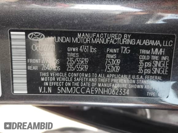 2022 Hyundai Tucson SEL with VIN 5NMJCCAE9NH062334, listed as a Copart auction lot 83770005 with 29,620 mi miles and Salvage title. Bid and sale history available at DreamBid. Image 12.