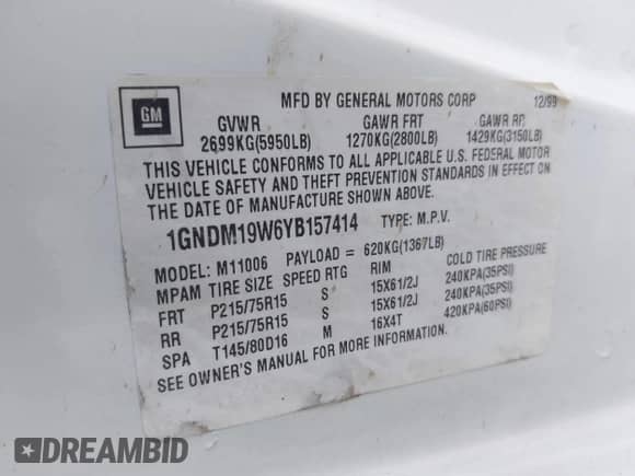 2000 Chevrolet Astro с VIN 1GNDM19W6YB157414, выставлен на аукционе IAAI как лот 42932952 с пробегом 121 214 миль миль и . История ставок и продаж доступна на DreamBid. Изображение 9.