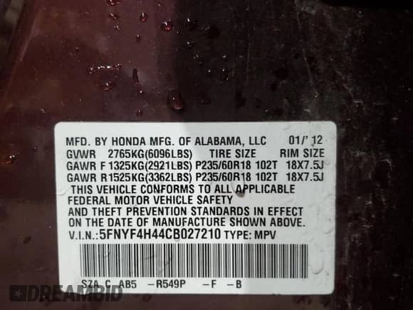 2012 Honda Pilot EX with VIN 5FNYF4H44CB027210, listed as a Copart auction lot 66487595 with 184,570 mi miles and Salvage title. Bid and sale history available at DreamBid. Image 13.