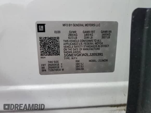 2020 Chevrolet Traverse LT Cloth with VIN 1GNEVGKW2LJ205391, listed as a Copart auction lot 80939025 with 86,863 mi miles and Salvage title. Bid and sale history available at DreamBid. Image 14.