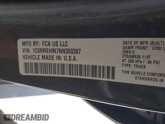 2022 Ram 1500 Limited z VIN 1C6RREHM7NN350387, wystawiony jako IAAI lot #42458974 z przebiegiem Nie podano mil oraz . Historia ofert i sprzedaży dostępna na DreamBid. Obrazek 9.