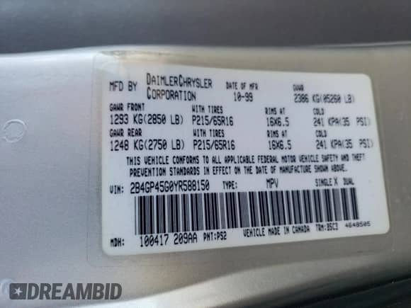 2000 Dodge Caravan SE с VIN 2B4GP45G0YR588150, выставлен на аукционе Copart как лот 79465934 с пробегом 158 207 миль миль и Списание • Salvage title. История ставок и продаж доступна на DreamBid. Изображение 13.