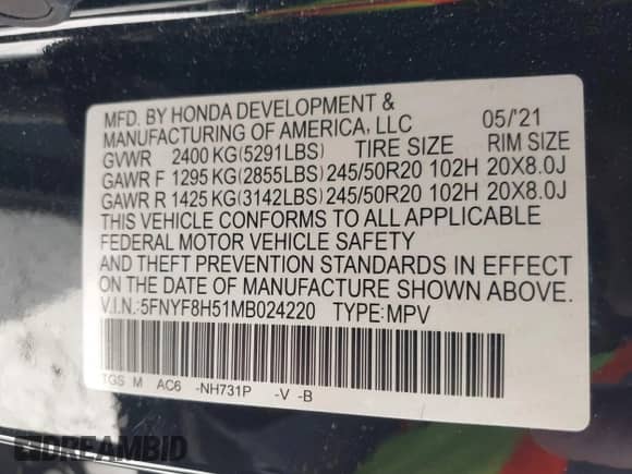 2021 Honda Passport EX-L with VIN 5FNYF8H51MB024220, listed as a IAAI auction lot 41882877 with 53,212 mi miles and . Bid and sale history available at DreamBid. Image 9.