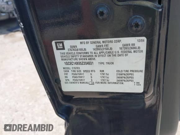 2005 Chevrolet Silverado 1500 Work Truck with VIN 1GCEC14X65Z204931, listed as a IAAI auction lot 42353592 with 266,173 mi miles and . Bid and sale history available at DreamBid. Image 9.