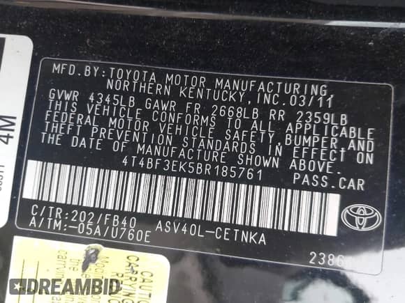 2011 Toyota Camry LE with VIN 4T4BF3EK5BR185761, listed as a IAAI auction lot 43047525 with 215,306 mi miles and . Bid and sale history available at DreamBid. Image 9.