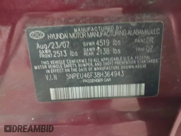 2008 Hyundai Sonata SE с VIN 5NPEU46F38H364943, выставлен на аукционе IAAI как лот 42985141 с пробегом 196 396 миль миль и . История ставок и продаж доступна на DreamBid. Изображение 9.
