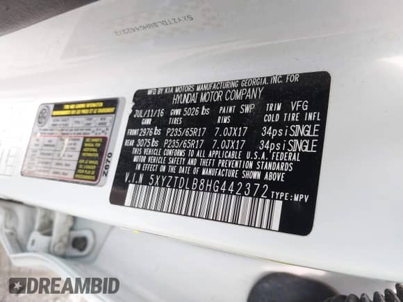 2017 Hyundai Santa Fe 2.4L with VIN 5XYZTDLB8HG442372, listed as a IAAI auction lot 42895733 with 118,177 mi miles and . Bid and sale history available at DreamBid. Image 9.