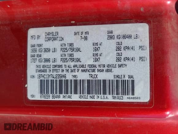 1998 Dodge 1500 with VIN 1B7HC13Y7WJ235046, listed as a IAAI auction lot 42726192 with 266,203 mi miles and . Bid and sale history available at DreamBid. Image 9.