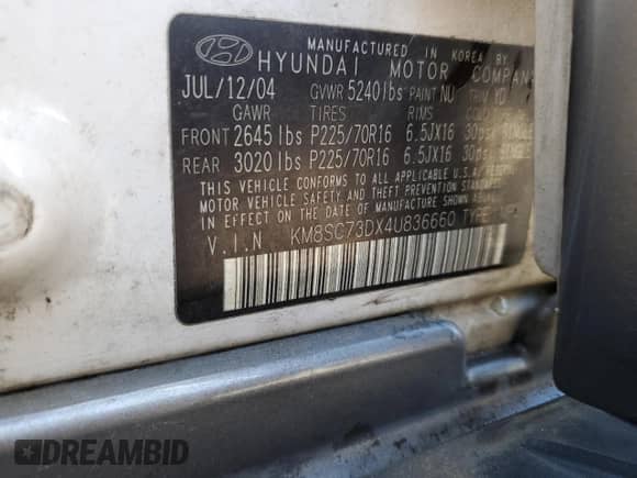 2004 Hyundai Santa Fe GLS с VIN KM8SC73DX4U836660, выставлен на аукционе Copart как лот 76409554 с пробегом 207 232 миль миль и Списание • Salvage title. История ставок и продаж доступна на DreamBid. Изображение 15.