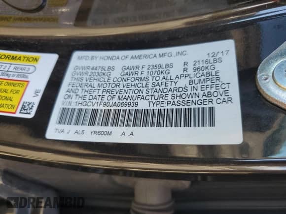 2018 Honda Accord Touring с VIN 1HGCV1F90JA069939, выставлен на аукционе Copart как лот 82491925 с пробегом 83 967 миль миль и Списание • Salvage title. История ставок и продаж доступна на DreamBid. Изображение 12.