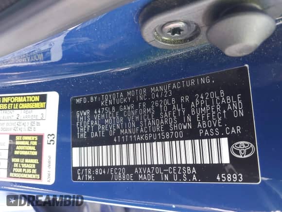 2023 Toyota Camry SE z VIN 4T1T11AK6PU158700, wystawiony jako IAAI lot #43312055 z przebiegiem 49 320 mil mil oraz . Historia ofert i sprzedaży dostępna na DreamBid. Obrazek 9.