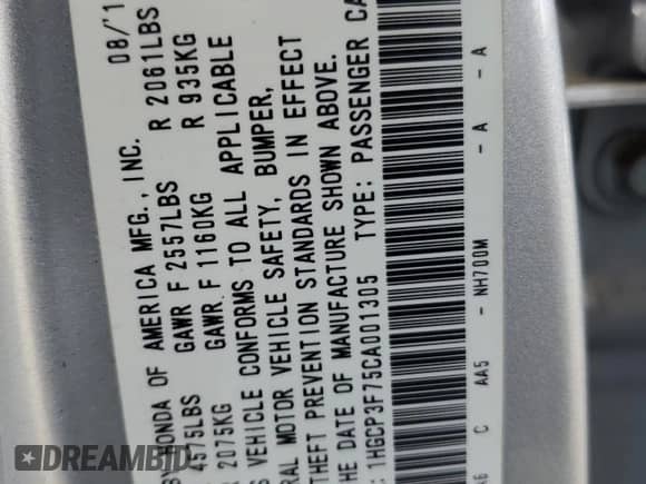 2012 Honda Accord EX с VIN 1HGCP3F75CA001305, выставлен на аукционе Copart как лот 71312335 с пробегом 63 248 миль миль и Списание • Salvage title. История ставок и продаж доступна на DreamBid. Изображение 12.