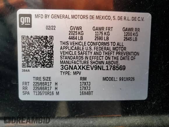 2022 Chevrolet Equinox LT с VIN 3GNAXKEV9NL178569, выставлен на аукционе Copart как лот 84222575 с пробегом 105 435 миль миль и Списание • Salvage title. История ставок и продаж доступна на DreamBid. Изображение 13.