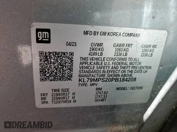 2023 Chevrolet TrailBlazer LT with VIN KL79MPS20PB184208, listed as a Copart auction lot 72013275 with Not provided miles and Salvage title. Bid and sale history available at DreamBid. Image 13.