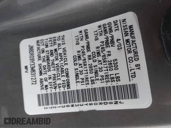 2003 Nissan Pathfinder SE z VIN JN8DR09Y33W831272, wystawiony jako IAAI lot #41437268 z przebiegiem 161 868 mil mil oraz . Historia ofert i sprzedaży dostępna na DreamBid. Obrazek 9.