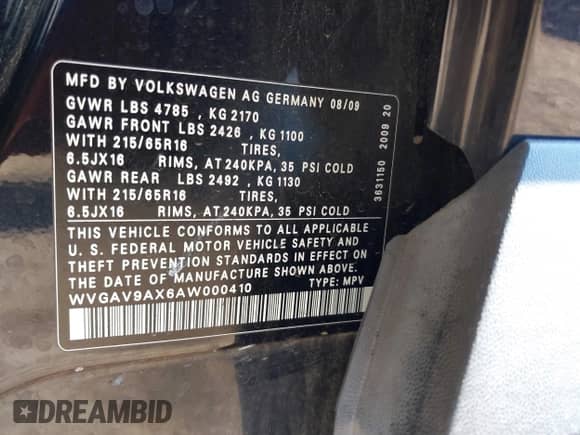 2010 Volkswagen Tiguan с VIN WVGAV9AX6AW000410, выставлен на аукционе IAAI как лот 41446852 с пробегом 118 728 миль миль и . История ставок и продаж доступна на DreamBid. Изображение 9.