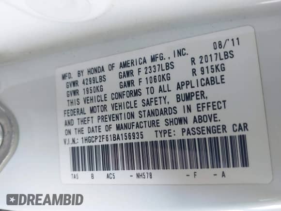 2011 Honda Accord SE с VIN 1HGCP2F61BA156935, выставлен на аукционе IAAI как лот 43378608 с пробегом 140 647 миль миль и . История ставок и продаж доступна на DreamBid. Изображение 9.