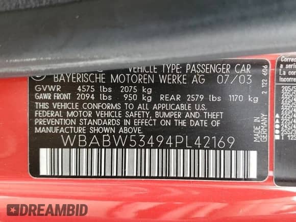 2004 BMW 3 Series 330Ci with VIN WBABW53494PL42169, listed as a Copart auction lot 81244065 with 68,549 mi miles and Salvage title. Bid and sale history available at DreamBid. Image 13.