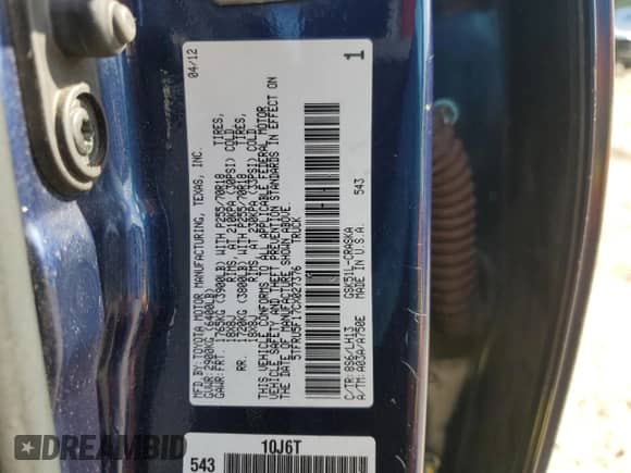 2012 Toyota Tundra z VIN 5TFRU5F17CX027376, wystawiony jako Copart lot #55213385 z przebiegiem 286 149 mil mil oraz Szkoda całkowita • Salvage title. Historia ofert i sprzedaży dostępna na DreamBid. Obrazek 12.