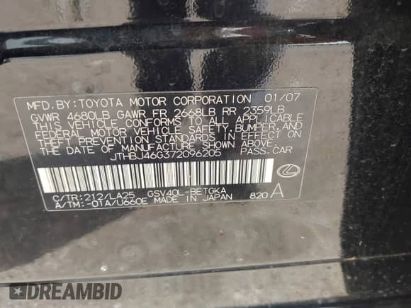 2007 Lexus ES 330 с VIN JTHBJ46G372096205, выставлен на аукционе IAAI как лот 43109864 с пробегом 140 674 миль миль и . История ставок и продаж доступна на DreamBid. Изображение 9.