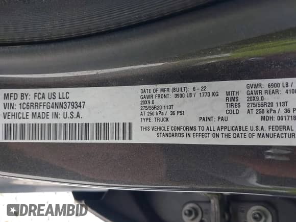 2022 Ram 1500 Big Horn z VIN 1C6RRFFG4NN379347, wystawiony jako IAAI lot #42377532 z przebiegiem 64 311 mil mil oraz . Historia ofert i sprzedaży dostępna na DreamBid. Obrazek 9.