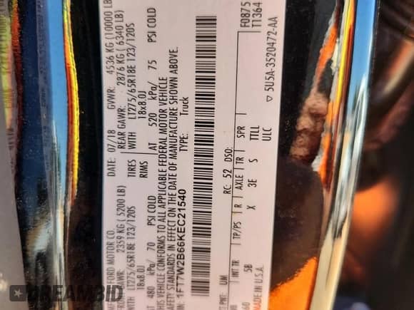 2019 Ford F-250 XL with VIN 1FT7W2B66KEC21540, listed as a Copart auction lot 70624205 with 63,504 mi miles and Salvage title. Bid and sale history available at DreamBid. Image 13.