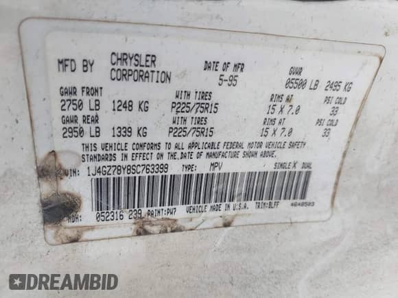 1995 Jeep Grand Cherokee Limited with VIN 1J4GZ78Y8SC763399, listed as a IAAI auction lot 42308634 with 335,962 mi miles and . Bid and sale history available at DreamBid. Image 9.